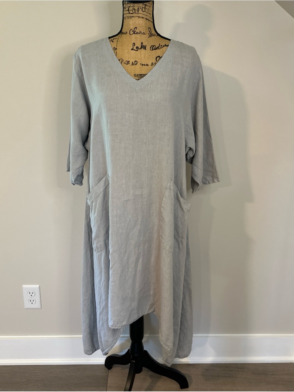Match Point Size L? 100% Linen Grey Caftan Dress Pockets Lagenlook BoHo Coastal